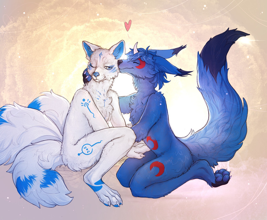 3_tails anthro digitigrade duo heart_symbol kissing male male/male multi_tail one_eye_closed pawpads shy smile tail rinyabjorn etis kitsunal_(character) canid canine fennec_fox fox mammal true_fox hi_res