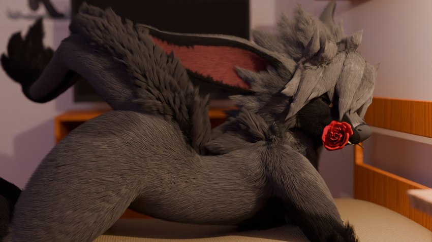 anthro flirting flower fur grey_body grey_fur grey_hair hair looking_at_viewer male plant rose_(flower) solo fox_the_hyena chrisrk nardoragon 16:9 3d_(artwork) digital_media_(artwork) hi_res widescreen