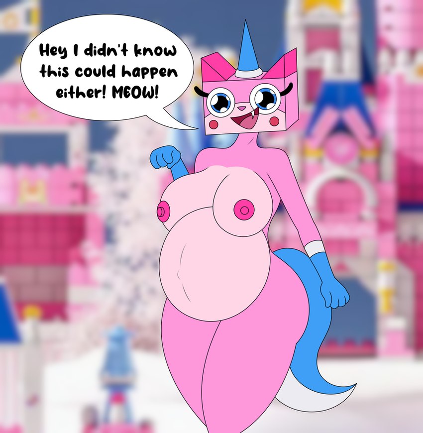 anthro dialogue fangs female horn lego_brick nipples nude open_mouth pink_body plastic pregnant pregnant_anthro pregnant_female smile solo speech_bubble square_head teeth text unicorn_horn wide_hips foxtide888 lego mythology the_lego_movie unikitty felid feline mammal mythological_creature english_text