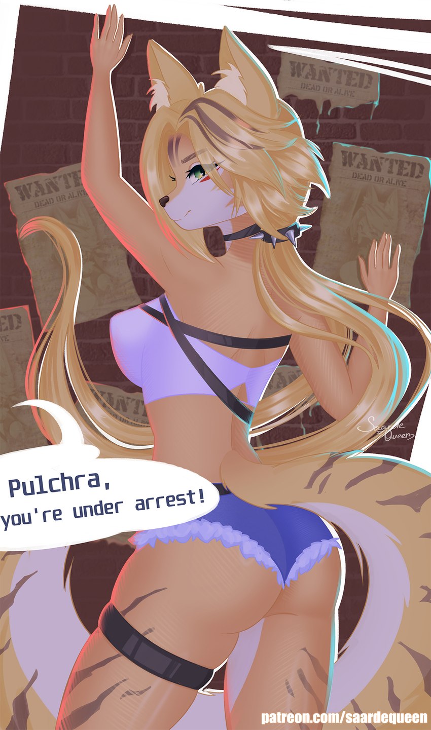 anthro big_breasts blonde_hair bottomwear breasts butt clothing crop_top ears_up female fur green_eyes hair hands_up inner_ear_fluff long_hair looking_at_viewer multicolored_body multicolored_fur narrowed_eyes ponytail seductive shirt shorts solo tail text topwear tuft white_body white_fur yellow_body yellow_fur saardequeen mihoyo zenless_zone_zero pulchra_fellini felid feline mammal thiren hi_res url