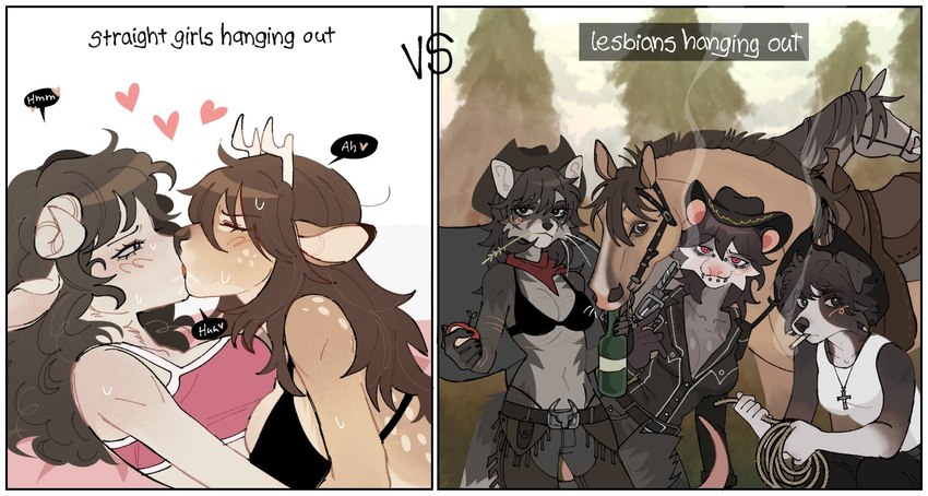 2_horns ambiguous_feral ambiguous_gender anthro anthro_on_anthro antlers apple bangs belt belt_buckle big_breasts biped black_belt black_bottomwear black_bra black_clothing black_ear_tips black_ears black_eyebrows black_eyes black_hair black_hat black_headwear black_nose black_pants black_shirt black_text black_thong black_topwear black_underwear blue_eyes blush bodily_fluids border bottle bottomwear bra breasts bridge_piercing brown_body brown_chaps brown_ears brown_fur brown_hair brown_mane brown_nose buckle button_ears chaps cheek_tuft cigarette cigarette_in_mouth cleavage clothed clothed_anthro clothed_female clothing collarbone collared_shirt colored_edge_bra container cowboy cowboy_hat cross cross_necklace crouching curled_horn curly_hair day dipstick_ears dress_shirt duo ear_markings evergreen_tree eyebrow_through_hair eyebrows eyelashes eyes_closed facial_piercing facial_tuft female female/female female_anthro feral floppy_ears food french_kissing fruit fur grey_body grey_bottomwear grey_clothing grey_ears grey_fur grey_mane grey_pants group gun hair halter handgun hat headgear headwear heart_symbol holding_apple holding_bottle holding_container holding_food holding_fruit holding_gun holding_handgun holding_object holding_ranged_weapon holding_revolver holding_rope holding_weapon horn interspecies jewelry kerchief kissing lip_piercing lip_ring long_hair looking_at_viewer lying mane markings medium_breasts messy_hair midriff moan multicolored_body multicolored_bra multicolored_clothing multicolored_ears multicolored_fur multicolored_underwear navel neckerchief necklace neckwear nose_piercing object_in_mouth on_back outside pants piercing pine_tree pink_bra pink_clothing pink_eyes pink_inner_ear pink_tail pink_underwear plant pupils quadruped raised_eyebrow ranged_weapon red_kerchief red_neckerchief revolver ring_piercing rope saddle saliva saliva_on_face shirt short_hair smoke smoking smoking_cigarette snakebite_piercing snout spots spotted_body spotted_fur standing sweat sweaty_arms sweaty_face tail tan_body tan_fur tan_inner_ear tan_spots tank_top text thong topwear translucent translucent_hair tree tuft two_tone_body two_tone_bra two_tone_clothing two_tone_fur two_tone_underwear underwear underwear_only weapon wheat_in_mouth white_body white_border white_bra white_clothing white_ears white_fur white_horn white_pupils white_shirt white_tank_top white_text white_topwear white_underwear raccoattack racc_(raccoattack) american_opossum bovid canid canine canis caprine collie deer domestic_dog equid equine goat herding_dog horse mammal marsupial pastoral_dog procyonid raccoon sheepdog english_text hi_res meme multiple_images