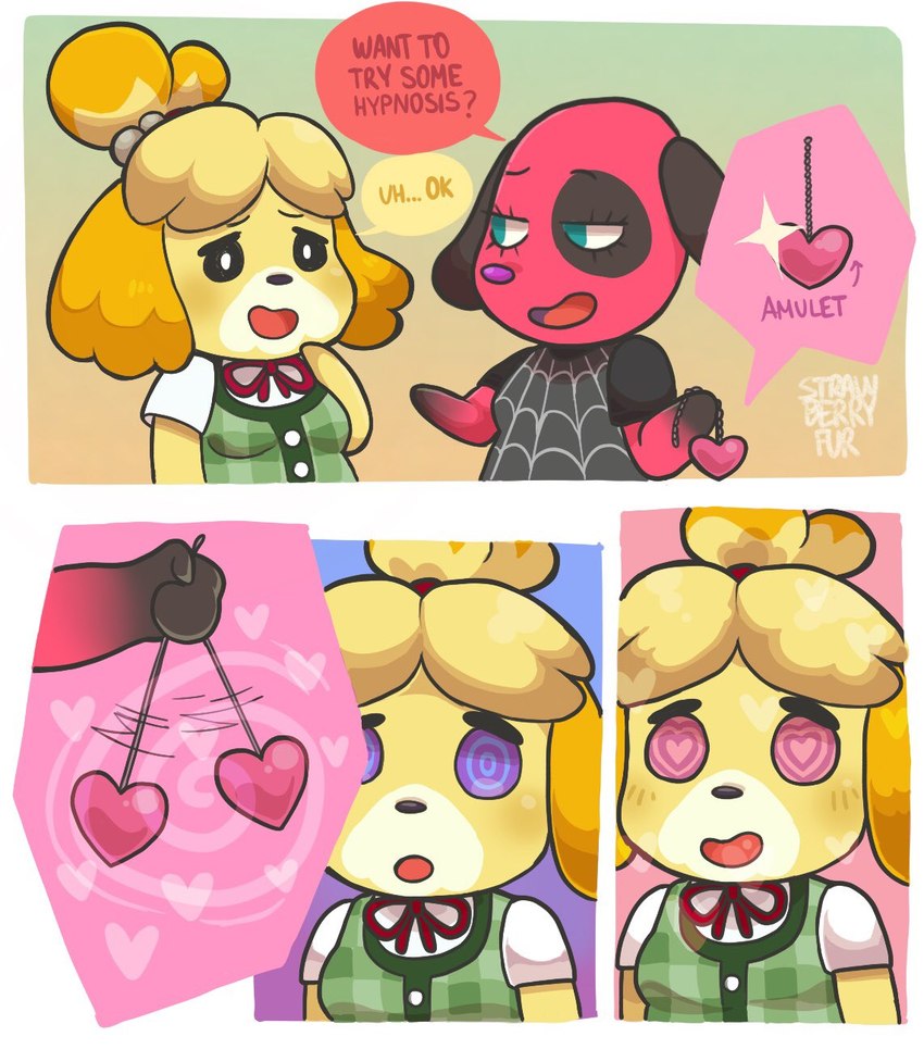 anthro blush blush_lines bow_ribbon clothing dialogue dress duo explicitly_stated_consent female female/female happy_trance hypnosis jewelry mind_control open_mouth open_smile pendant pendulum pendulum_swing ringed_eyes ringed_heart_eyes shirt smile speech_bubble topwear vest lilbunpinky animal_crossing nintendo cherry_(animal_crossing) isabelle_(animal_crossing) canid canine canis domestic_dog mammal comic hi_res