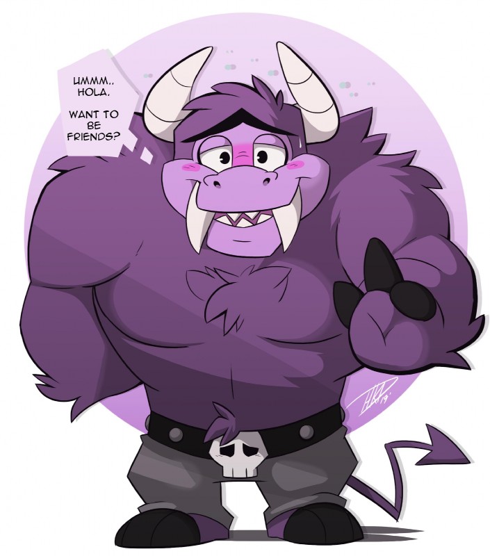 anthro belt blush bodily_fluids dialogue fangs fur horn male purple_body purple_fur purple_skin solo sweat talking_to_viewer teeth text hikazedragon cartoon_network foster's_home_for_imaginary_friends eduardo_(fhfif) bovid bovine imaginary_friend mammal digital_media_(artwork) english_text hi_res