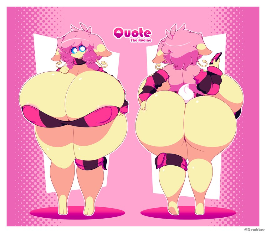 anthro areola_outline big_breasts big_butt blue_sclera border breasts butt cellphone cleavage clothed clothing electronics female hair huge_breasts huge_butt huge_thighs hyper hyper_breasts hyper_butt hyper_thighs phone pink_background pink_hair simple_background smartphone solo tail text thick_thighs white_border white_eyes yellow_body dewbber nintendo pokemon quote_the_audino audino generation_5_pokemon pokemon_(species) 2023 absurd_res character_name digital_media_(artwork) english_text hi_res model_sheet signature