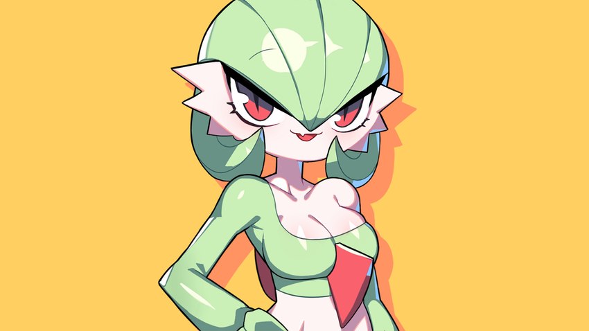 breasts female green_hair hair looking_at_viewer medium_breasts red_eyes red_tongue solo tongue white_body drunk_oak nintendo pokemon gardevoir generation_3_pokemon humanoid pokemon_(species) 16:9 hi_res widescreen