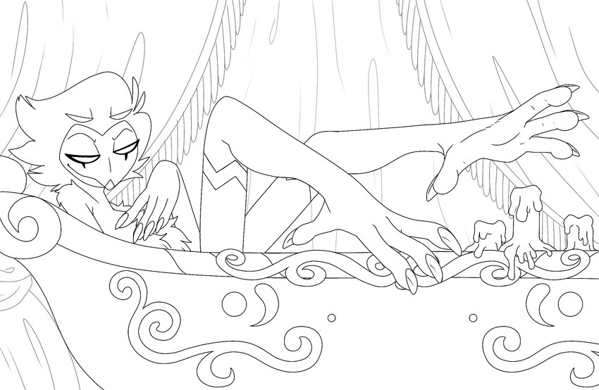 anthro bathtub bedroom_eyes feet male narrowed_eyes nude pose seductive solo talons toes foot_ninja15 helluva_boss stolas_(helluva_boss) avian bird demon owl digital_drawing_(artwork) digital_media_(artwork) hi_res line_art monochrome pinup unfinished