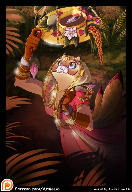 aarti anthro beak clothing detailed_background dress fire indian_clothing orange_eyes sari smile solo text azaleesh aza_(character) avian bird owl hi_res url