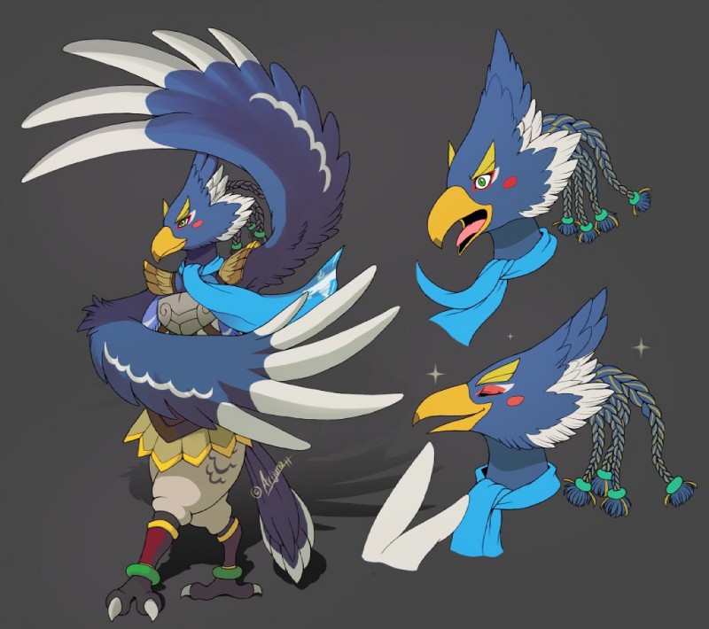 anthro eyes_closed feathers feet green_eyes grey_background male multicolored_body multicolored_feathers open_mouth open_smile scarf simple_background smile solo standing talons toes tongue wide_eyed arijuno breath_of_the_wild nintendo the_legend_of_zelda revali avian rito 2019 headshot_portrait portrait