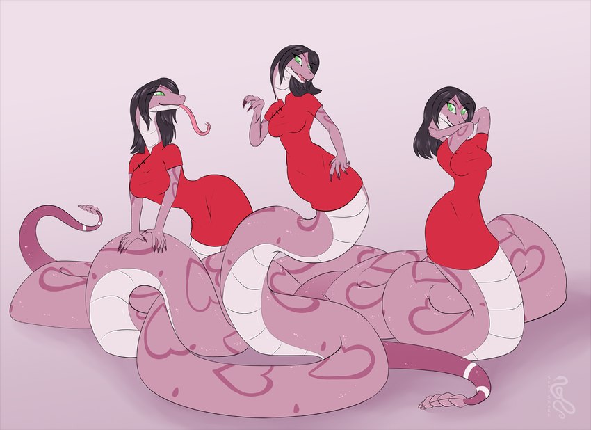 after_transformation anthro apode black_hair breasts clothing dress female forked_tongue green_eyes group hair legless open_mouth pink_body pink_scales red_clothing red_dress scales serpentine simple_background smile tail tongue trio sepisnake draconcopode naga scalie 2022 digital_media_(artwork)