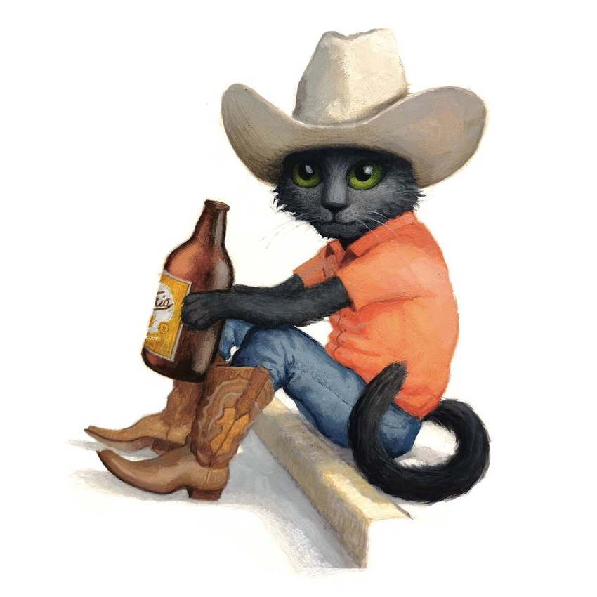 alcohol anthro beer beer_bottle beverage biped black_body black_fur boots bottle bottomwear clothing container cowboy_boots cowboy_hat curb denim denim_bottomwear denim_clothing footwear fur green_eyes hat headgear headwear jeans looking_at_viewer male pants shirt shoes simple_background sitting solo topwear whiskers white_background joaquincarre victoria_(beer) domestic_cat felid feline felis mammal 1:1 2021 gouache_(artwork) hi_res painting_(artwork) shaded traditional_media_(artwork)