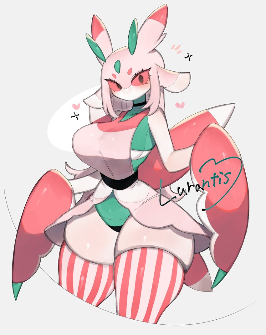 anthro big_breasts blush breasts clothing eyelashes female heart_symbol legwear looking_at_viewer non-mammal_breasts pink_sclera simple_background solo text thick_thighs thigh_highs togetoge nintendo pokemon arthropod generation_7_pokemon lurantis pokemon_(species) hi_res species_name