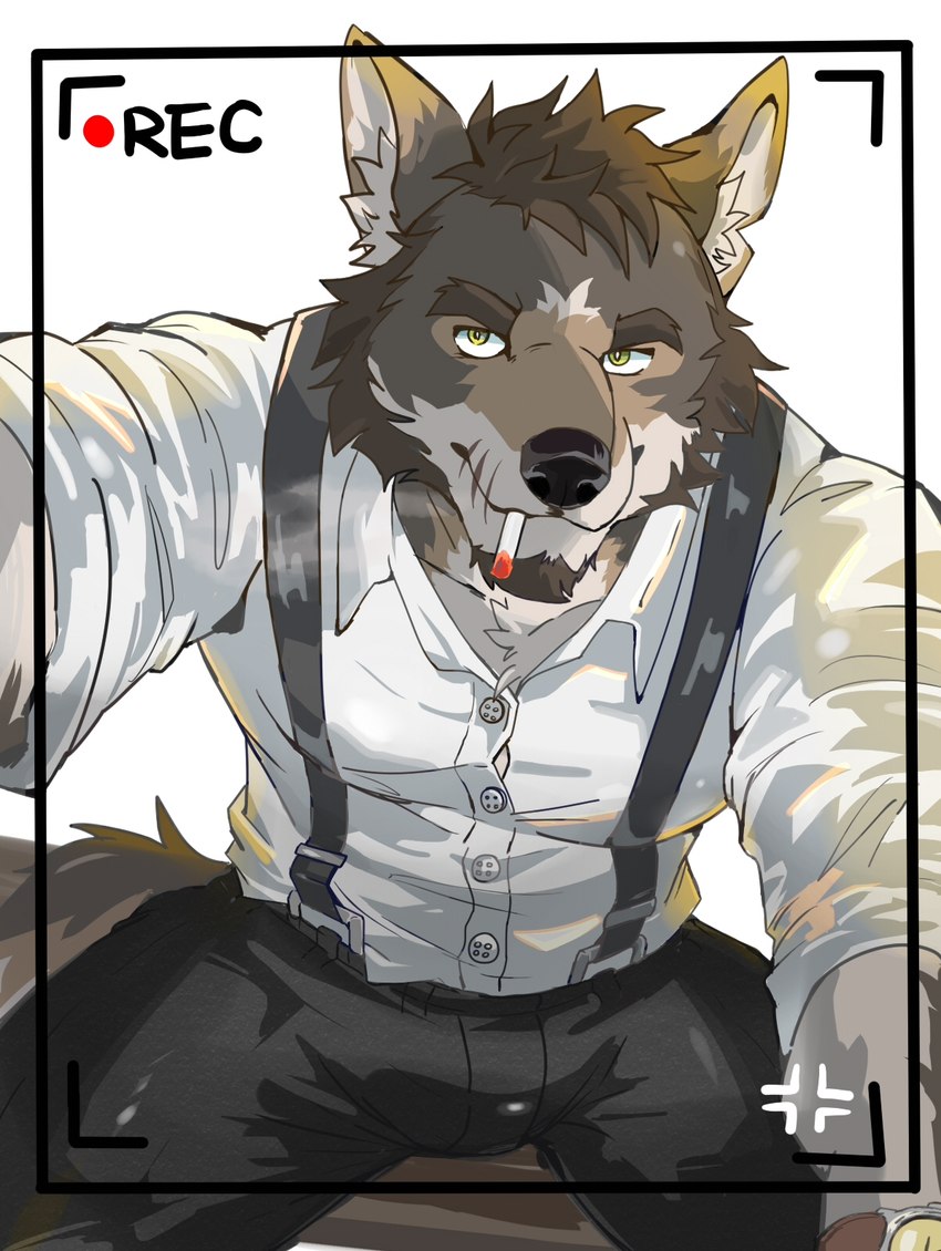 anthro beard clothing eyebrows facial_hair fur hair male shirt simple_background smoking solo suspenders topwear white_background meocondainhan echo_project william_adler canid canine canis coyote mammal digital_drawing_(artwork) digital_media_(artwork) hi_res