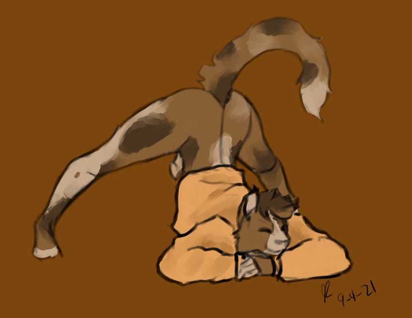 anthro ass_up bottomless brown_background brown_body brown_fur clothed clothing fur genitals jack-o'_pose male penis pose shirt simple_background smile solo spots sweater topwear scorchwind58 calico_cat domestic_cat felid feline felis mammal 2021 hi_res