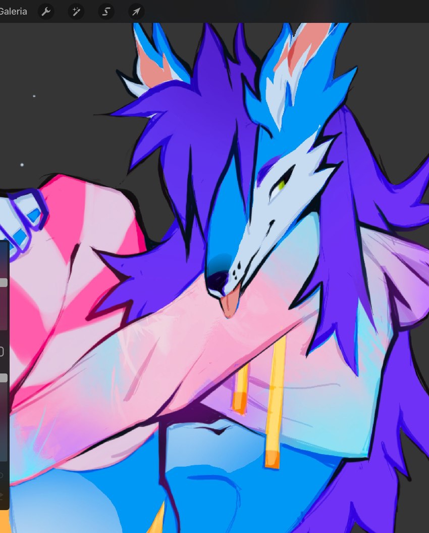 ambiguous_gender anthro art_program_in_frame black_nose blep blue_body blue_clothing blue_fur blue_hoodie blue_topwear cheek_tuft clothed clothing ear_tuft facial_tuft fur gradient_clothing green_eyes grey_background hair hand_on_leg hand_on_own_leg hoodie legwear long_hair pattern_clothing pattern_legwear pattern_thigh_highs pink_clothing pink_hoodie pink_inner_ear pink_legwear pink_thigh_highs pink_tongue pink_topwear purple_hair simple_background smile solo striped_clothing striped_legwear striped_thigh_highs stripes thigh_highs tongue tongue_out topwear tuft two_tone_hoodie nudelinooo procreate_(copyright) canid canine mammal 2024 digital_media_(artwork) hi_res procreate_(artwork)