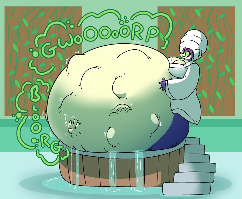 abdominal_bulge anthro bathrobe clothing cucumber female food fruit imprint organs plant robe rumbling_stomach solo stomach towel towel_on_head vore water the_hookaloof nintendo pokemon generation_1_pokemon pokemon_(species) snorlax hi_res