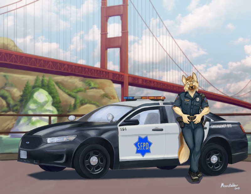 bridge car clothed clothing cloud club_(weapon) fur golden_gate_bridge landmark male melee_weapon motor_vehicle nightstick outside police police_car police_uniform police_vehicle san_francisco sky solo suspension_bridge text uniform vehicle weapon richard_foley ford ford_taurus alastair_(alastair) canid canine canis domestic_dog german_shepherd herding_dog mammal pastoral_dog