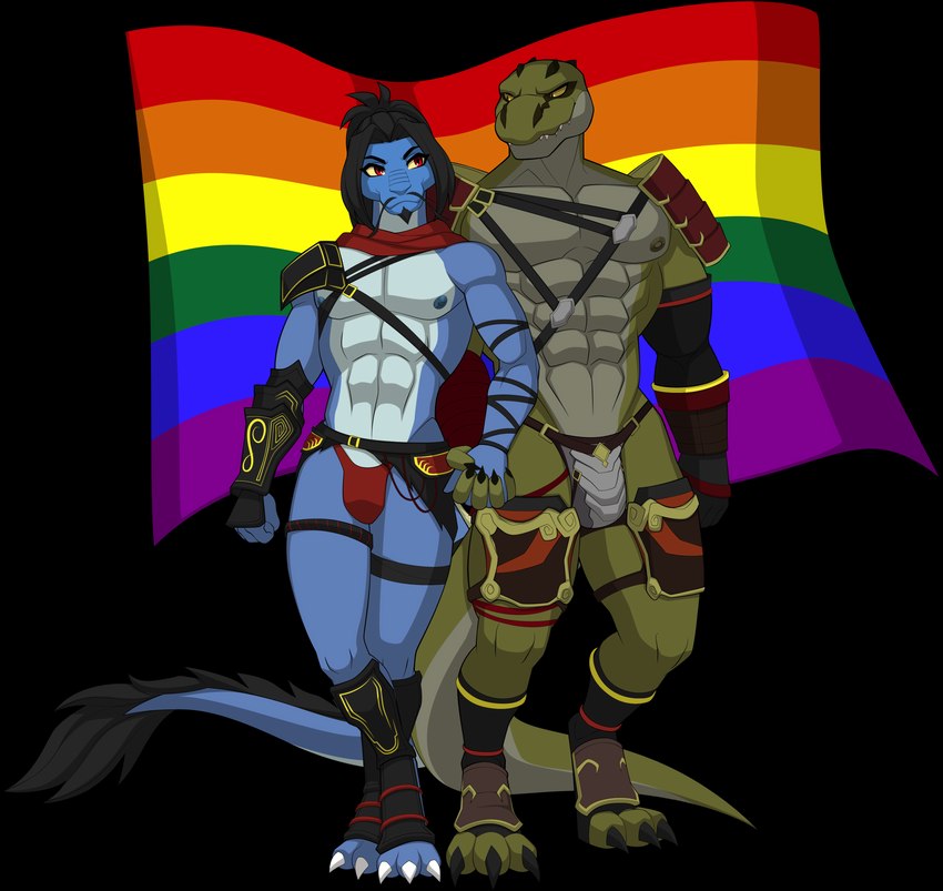 anthro armor beard belt black_beard black_facial_hair black_hair black_mustache blue_body buckle clothing codpiece cuisse duo facial_hair flag flag_(object) green_body green_scales hair hand_holding legband lgbt_pride looking_aside looking_at_another looking_at_partner looking_down male muscular muscular_anthro muscular_male mustache nipples pride_color_flag pride_colors rainbow_pride_colors red_clothing red_eyes red_scarf red_speedo red_swimwear sabatons scales scarf schynbalds simple_background six-stripe_rainbow_pride_colors spaulder speedo standing straps swimwear tail tail_tuft teeth_showing thighband transparent_background tuft unconvincing_armor vambrace white_body yellow_eyes yellow_sclera sparksstars mythology rainuja sek-raktaa alligator alligatorid crocodilian dragon mythological_creature mythological_scalie reptile scalie 2023 absurd_res alpha_channel digital_media_(artwork) hi_res