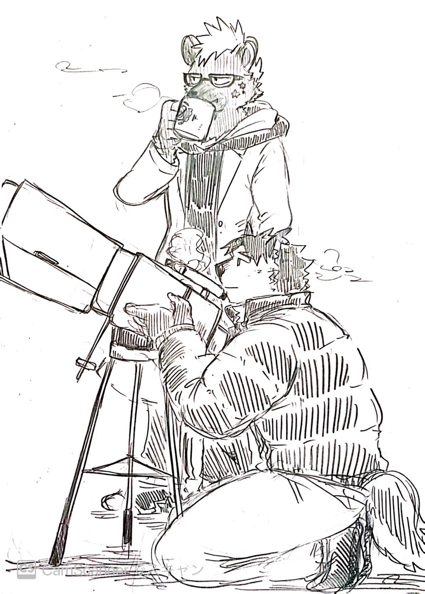 anthro beverage clothed clothing container cup drinking duo eyewear glasses hair holding_container holding_cup holding_object jacket male tail telescope topwear donguri306 lifewonders live_a_hero dog_operator protagonist_(live_a_hero) roiker canid canine canis domestic_dog hyena mammal spotted_hyena hi_res monochrome sketch