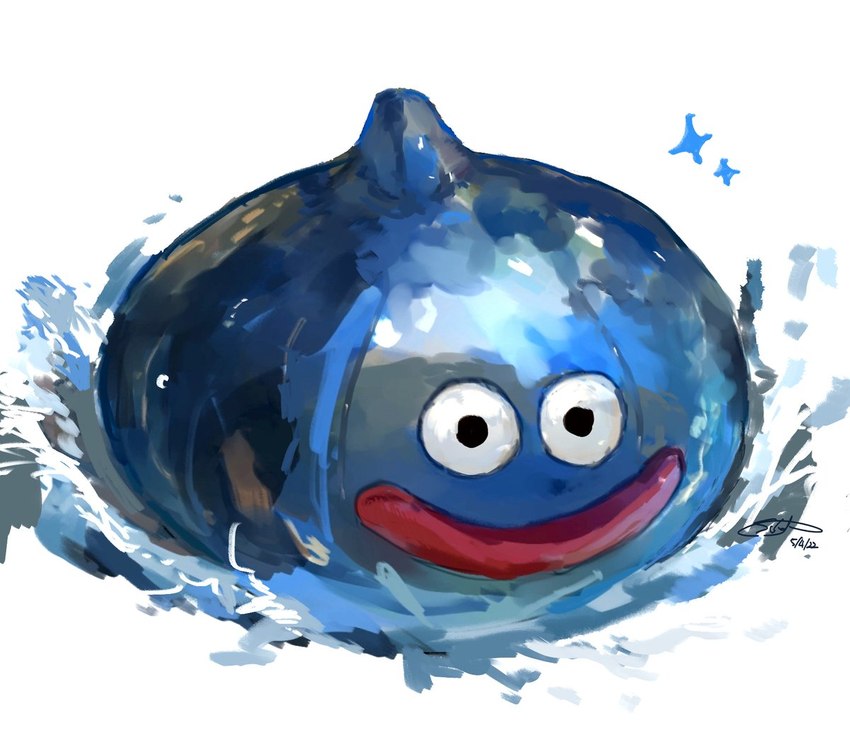 ambiguous_gender black_eyes blue_body blue_goo head_bump not_furry red_mouth simple_background smile solo sparkles splash white_background sukep dragon_quest square_enix goo_creature slime_(blob) slime_(dragon_quest) 2022 digital_media_(artwork) digital_painting_(artwork) shaded signature