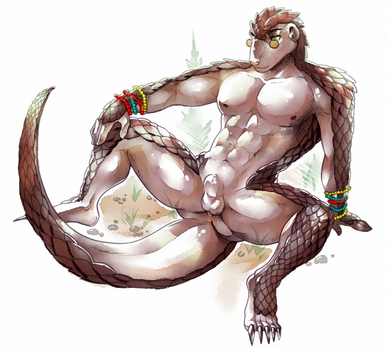 abs animal_genitalia anthro anus balls bracelet claws eyewear fully_sheathed genitals glasses jewelry male muscular muscular_anthro muscular_male nipples nude pecs presenting scales sheath simple_background solo spread_legs spreading tail thick_tail khuraji mammal pangolin 2015