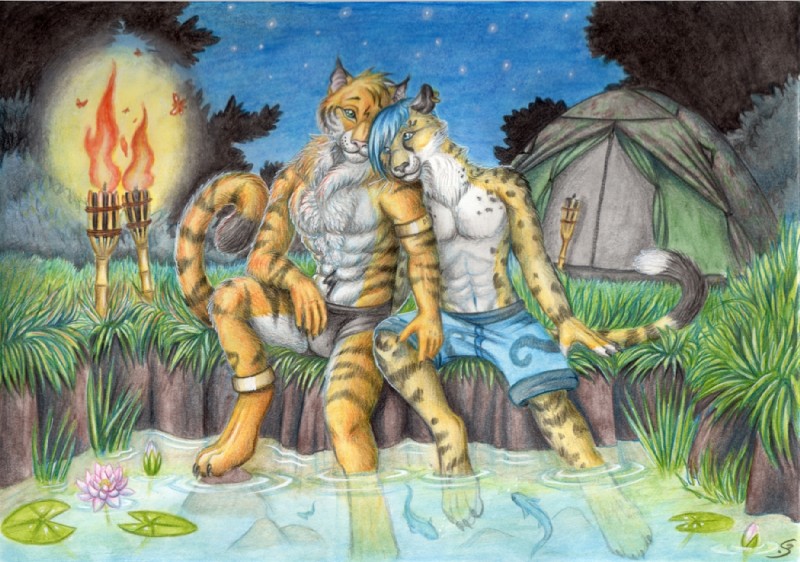 anthro blue_hair claws detailed_background duo forest hair male male/male night nuathu outside piercing plant ring scenery sky star starry_sky stripes tail tent tree wood schiraki letigre ambient_arthropod ambient_firefly ambient_insect arthropod beetle cheetah elateroid felid feline firefly insect mammal pantherine tiger 2011 traditional_media_(artwork)