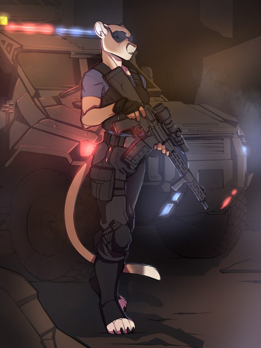 anthro armored_vehicle assault_rifle bulletproof_vest eyewear female gun law_enforcement night police police_officer ranged_weapon rifle solo special_forces sunglasses tactical tactical_gear weapon lotusgarden swat valerie_(grizzlygus) cougar felid feline mammal 2021 3:4 hi_res