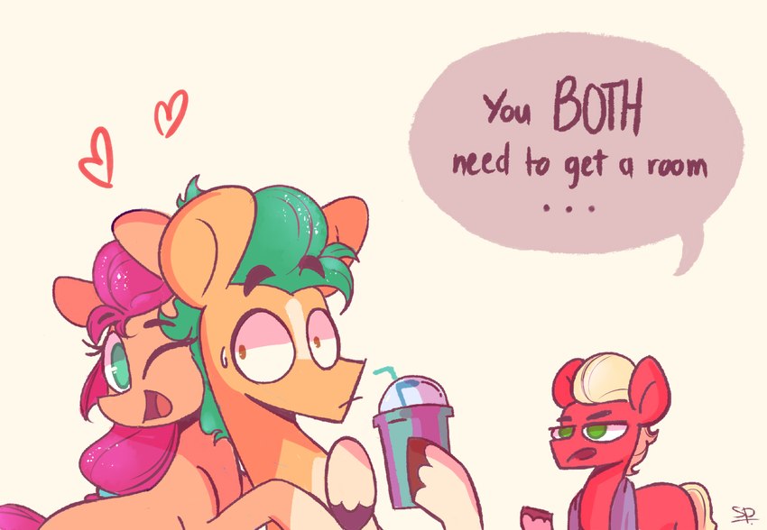 beverage blonde_hair bodily_fluids dialogue female group hair heart_symbol hug male simple_background smoothie sweat sweatdrop text turquoise_hair white_background scribble-potato hasbro mlp_g5 my_little_pony hitch_trailblazer_(mlp) sprout_cloverleaf_(mlp) sunny_starscout_(mlp) earth_pony equid equine horse mammal pony english_text hi_res