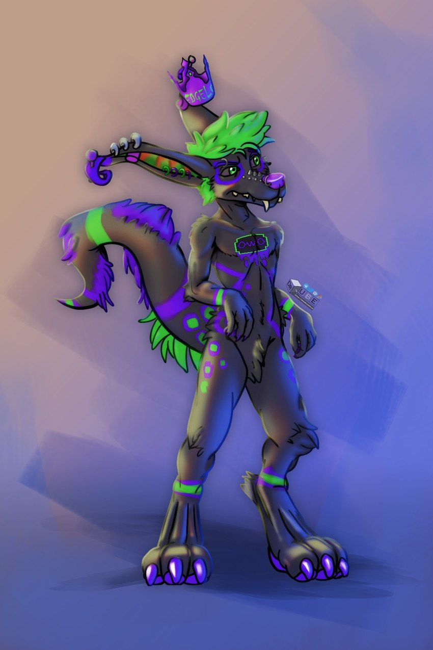 anthro black_body black_fur black_sclera broken_teeth claws crown digitigrade ear_piercing ear_ring facial_piercing feet fingers fur green_eyes green_hair green_markings hair headgear long_ears male markings nose_piercing nose_ring pawpads piercing purple_claws purple_nose purple_pattern purple_pawpads razor_blade ring_(marking) ring_piercing ringed_tail solo striped_markings striped_tail stripes tail tail_markings teeth_showing toes drqube crux 2:3 hi_res