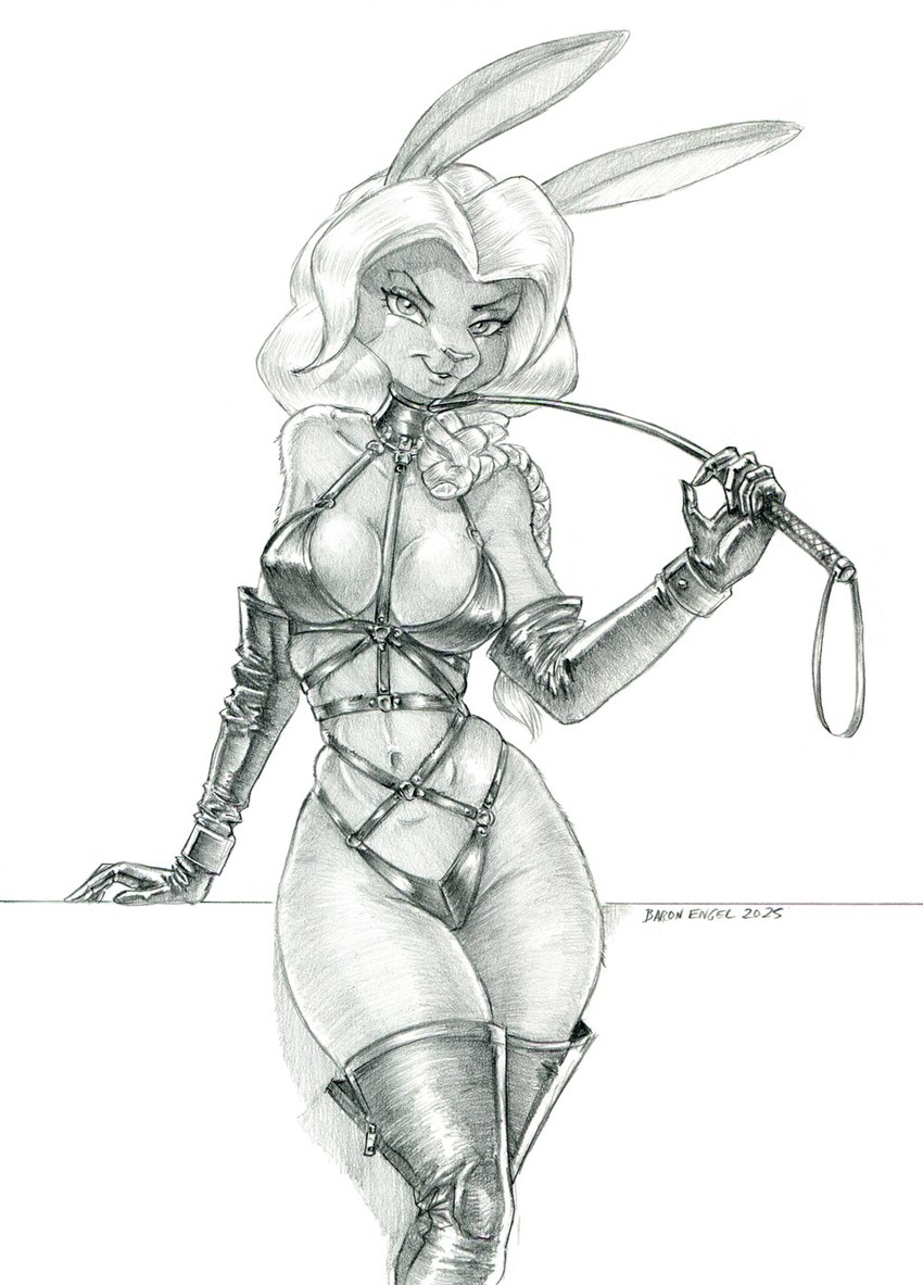 anthro armwear breasts clothing elbow_gloves female fur gloves hair handwear legwear navel nipple_outline riding_crop seductive solo thigh_highs whip baron_engel lagomorph leporid mammal rabbit 2025 greyscale hi_res monochrome