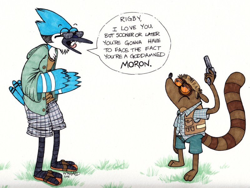 2_toes 3_toes 4_fingers anthro avian_feet barefoot beak big_head blue_body blue_feathers bottomwear brown_body brown_fur brown_hair clothed clothing dialogue duo eye_contact eyewear feathers feet fingers flip_flops footwear frown fully_clothed fur grass gun hair holding_gun holding_object holding_ranged_weapon holding_weapon hoodie insult jacket looking_at_another male markings open_mouth pattern_clothing plaid plaid_clothing plant ranged_weapon russian_roulette sandals shirt shoes short_hair shorts side_view simple_background size_difference speech_bubble standing striped_markings striped_tail stripes sunglasses tail tail_feathers tail_markings teeth text toes tongue toony toothed_beak topwear vest weapon white_background white_body white_feathers wyngaed cartoon_network regular_show the_big_lebowski jeffrey_lebowski mordecai_(regular_show) rigby_(regular_show) the_dude walter_sobchak avian bird blue_jay corvid jay_(bird) mammal new_world_jay oscine passerine procyonid raccoon 2012 english_text