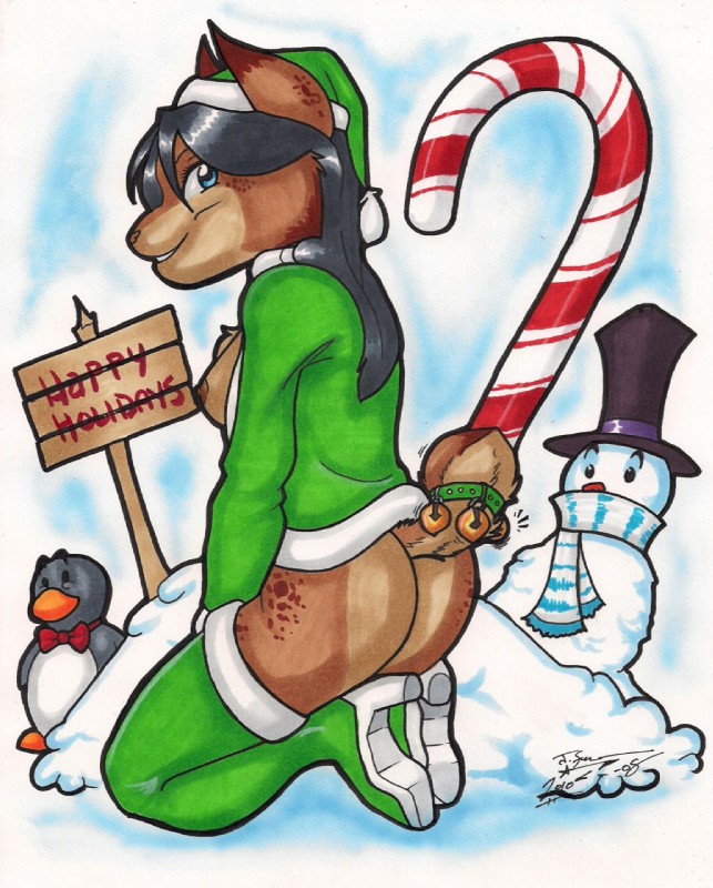 anthro bell blue_eyes bottomless breasts butt candy candy_cane clothed clothing dessert female food giant_candy giant_food group holidays nipples outside side_boob snow snowman os christmas avian bird felid feline lynx mammal penguin hi_res