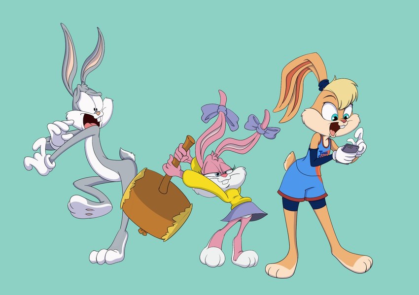 anthro barefoot blonde_hair cellphone clothing electronics feet female gloves group hair hammer handwear holding_cellphone holding_object holding_phone male narrowed_eyes open_mouth phone simple_background tools trio wide_eyed scottforester17 looney_tunes tiny_toon_adventures warner_brothers babs_bunny bugs_bunny lola_bunny lagomorph mammal hi_res