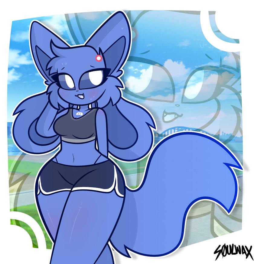 4_ears anthro big_tail blowup_background blue_body blue_bottomwear blue_clothing blue_eyes blue_fur blue_inner_ear blue_shorts blush bodily_fluids border bottomwear cheek_tuft clothing crop_top cute_fangs dolphin_shorts ear_tuft eyebrows eyelashes facial_tuft fangs female floppy_ears frutiger_aero fur grey_clothing grey_shirt grey_topwear hand_on_head head_tuft hotpants logo midriff multi_ear navel open_mouth pointy_ears prick_ears pupils shirt shorts simple_background solo sweat sweatdrop sweaty_face tail tail_tuft teeth topwear tuft white_border white_pupils wide_hips soulwax-art discord_(app) clyde_(discord) tina_(soulwax-art) domestic_cat felid feline felis mammal 2023 hi_res signature