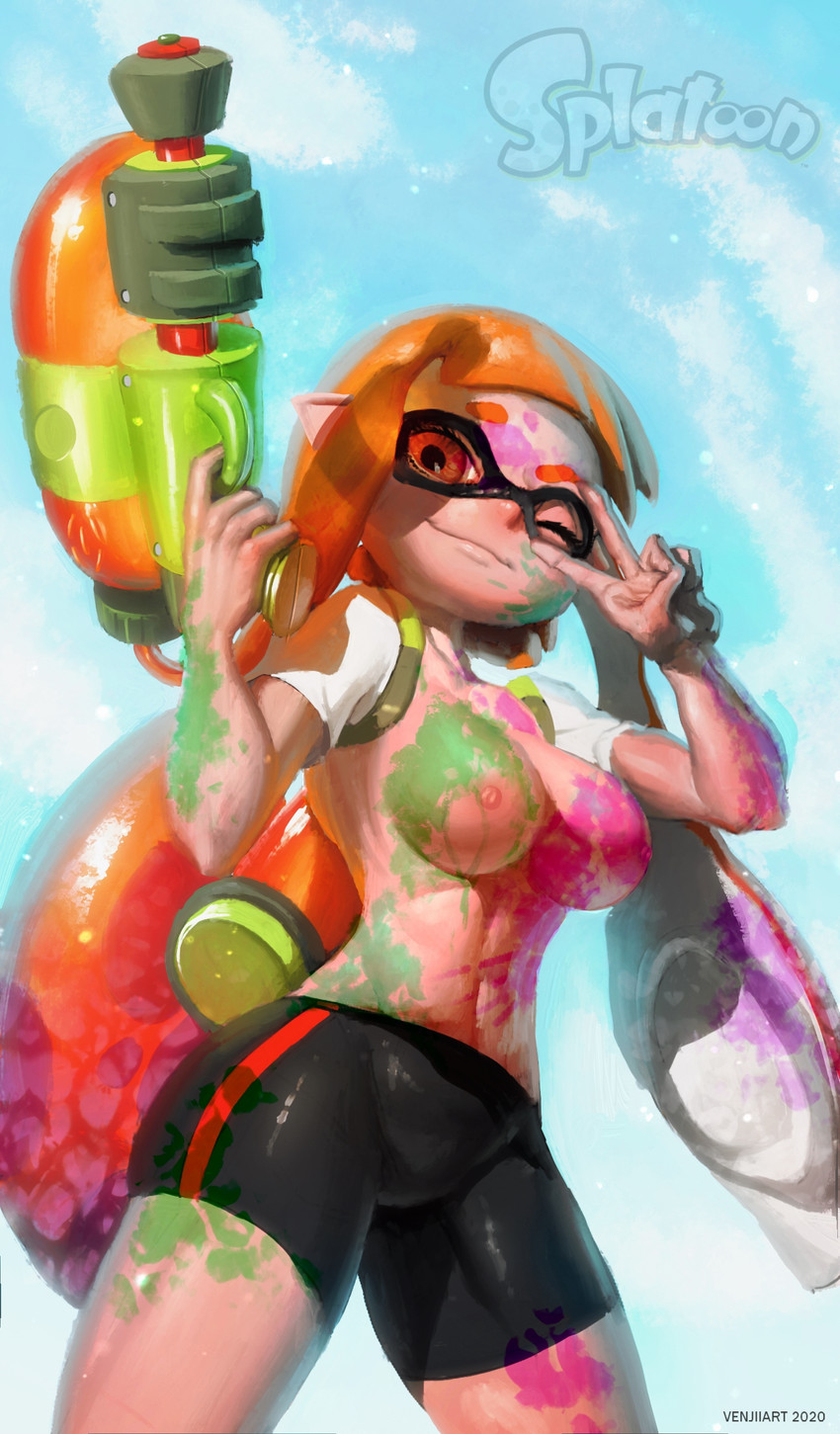 5_fingers big_breasts bottomwear breasts clothed clothing cloud female fingers gesture hair hand_gesture holding_object holding_weapon ink looking_at_viewer mask navel nipples one_eye_closed orange_eyes orange_hair outside pseudo_hair ranged_weapon shorts smile solo spandex spandex_shorts splattershot standing tentacle_hair tentacles tight_bottomwear tight_clothing tight_shorts v_sign weapon wink venjiiart nintendo splatoon inkling_girl animal_humanoid cephalopod cephalopod_humanoid humanoid inkling mammal mammal_humanoid marine marine_humanoid mollusk mollusk_humanoid 2020 digital_media_(artwork) hi_res