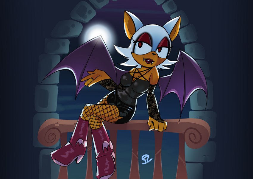 anthro armwear big_breasts boots breasts cleavage clothed clothing eyeshadow fangs female fingers fishnet_clothing fishnet_legwear footwear fur high_heeled_boots high_heels legwear lipstick logo makeup membrane_(anatomy) membranous_wings moon night red_eyes shoes sitting smile solo teeth topwear wings alvh-omega sega sonic_the_hedgehog_(series) rouge_the_bat bat mammal vampire artist_logo digital_media_(artwork) hi_res