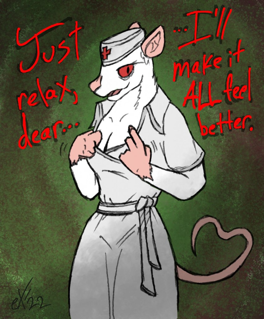 5_fingers anthro breasts clothed clothing female fingers green_background nurse_clothing nurse_uniform red_eyes red_text simple_background solo text uniform exophile nurse_jubel mammal murid murine rat rodent 2022 english_text hi_res