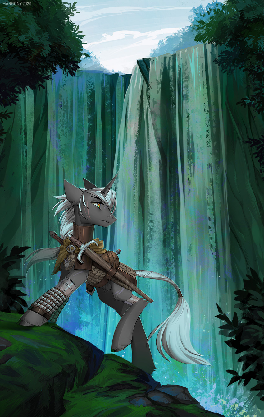 amber_eyes ambiguous_gender clothed clothing day detailed_background feral fur grey_body grey_fur hair hooves horn melee_weapon moss outside plant sky solo sword weapon white_hair margony hasbro my_little_pony mythology fan_character equid equine mammal mythological_creature mythological_equine unicorn digital_media_(artwork) hi_res shaded