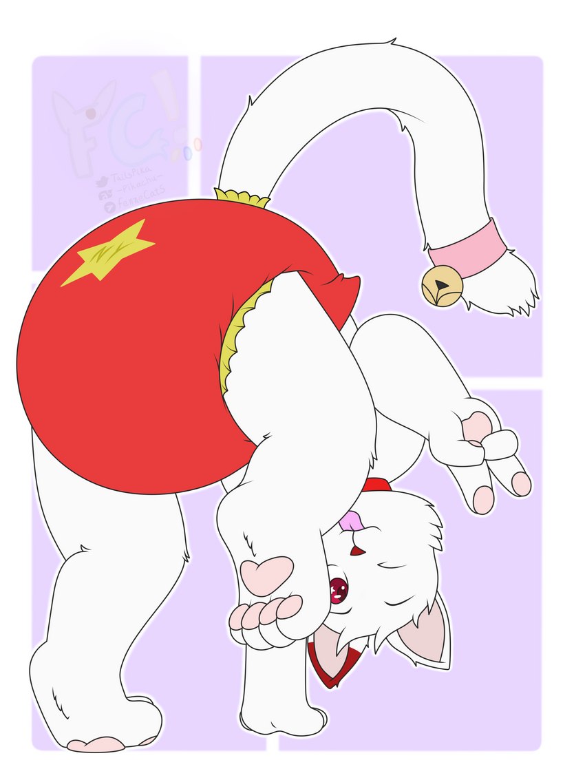 accessory anthro bell clothed clothing collar diaper fur furgonomics male pawpads pink_pawpads red_eyes red_spots solo spots tail tail_accessory tongue tongue_out wearing_diaper white_body white_fur young fennecat domestic_cat felid feline felis mammal 3:4 absurd_res hi_res watermark