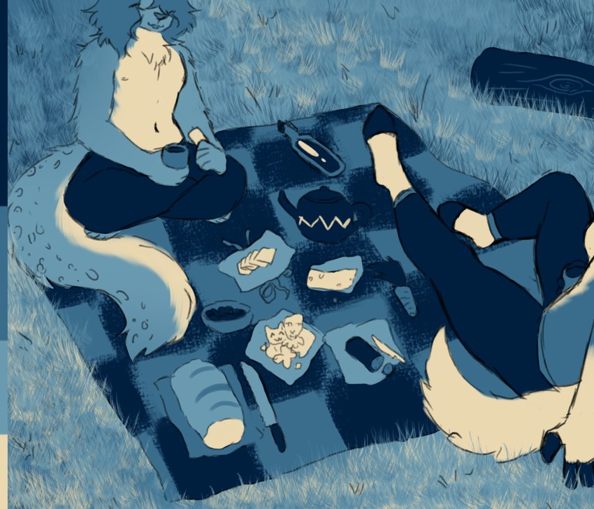 anthro bedding beverage blanket bottle bread cheese clothed clothing container cookie dairy_products dessert duo female food fur grass hair holding_object hooves knife log male picnic plant relaxing sitting tail teapot topless white_body wood kawattame merchant_lylo_(kawattame) pack_mule_(kawattame) asinus bovid bovine cattle donkey equid equine felid highland_cattle hybrid mammal pantherine snow_leopard digital_media_(artwork) hi_res restricted_palette