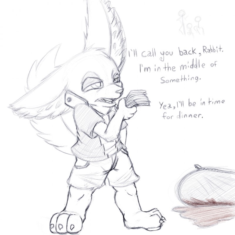 anthro blood bodily_fluids body_bag cellphone dialogue electronics male money phone simple_background solo text white_background salaciouslx disney zootopia finnick_(zootopia) canid canine fennec_fox fox mammal true_fox 1:1 2016 english_text hi_res sketch