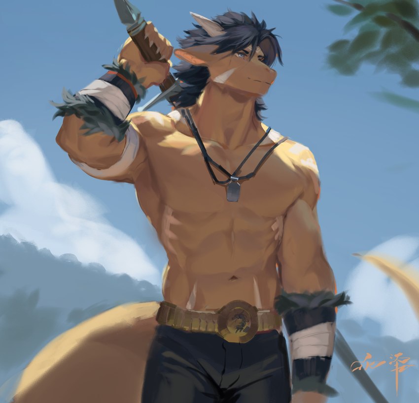 anthro black_hair blue_eyes blue_sky bottomwear clothed clothing front_view hair horn jewelry male mouth_closed muscular muscular_male necklace orange_body outside pants sky solo standing topless white_horn awaldkize absurd_res hi_res portrait three-quarter_portrait