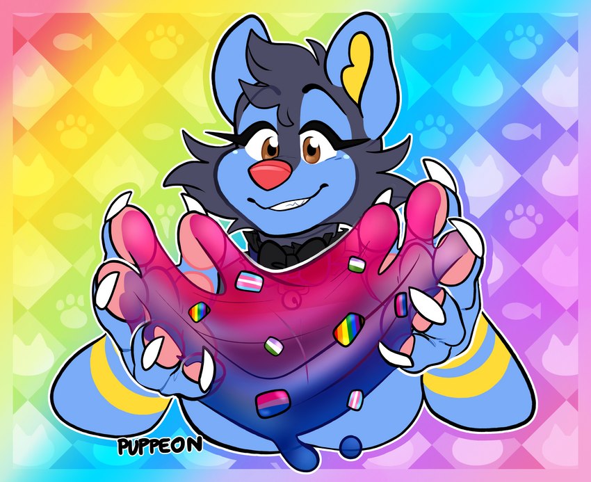 anthro bisexual_pride_colors black_bow_tie blue_body blue_fur bow_tie breasts claws featureless_breasts female fur genderqueer_pride_colors lgbt_pride markings pawpads philadelphia_rainbow_pride_colors pink_pawpads placard pride_color_placard pride_color_sign pride_color_slime pride_colors rainbow_background rainbow_pride_colors simple_background slime solo transgender_pride_colors yellow_markings puppeon nintendo pokemon pup_(puppeon) canid canine canis domestic_dog generation_4_pokemon luxio mammal pokemon_(species) 2023 absurd_res digital_media_(artwork) hi_res