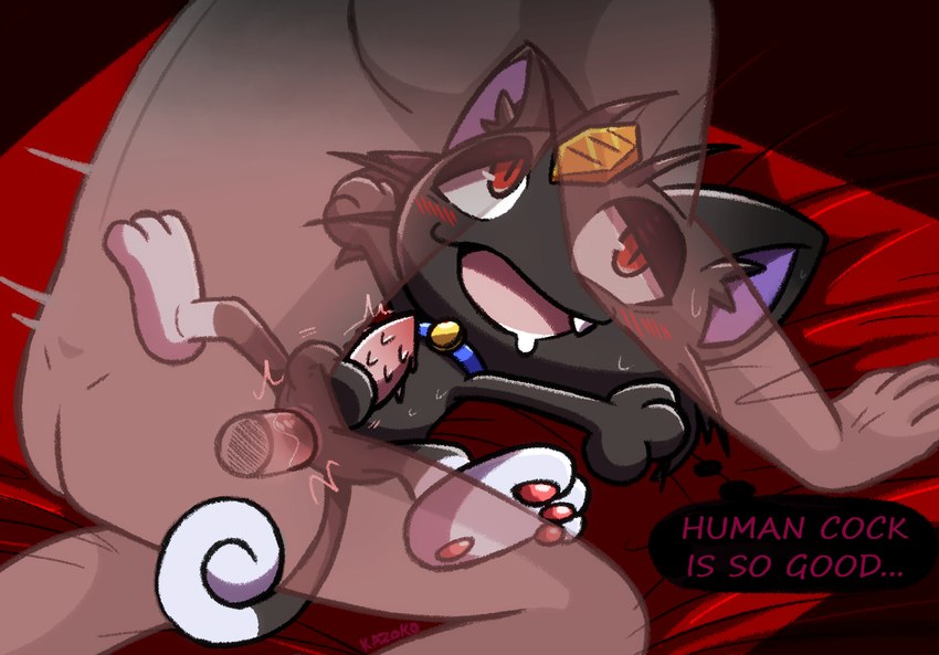 3_fingers 3_toes anal anal_penetration anthro anus bed bedroom_eyes black_body black_fur blush bodily_fluids butt collar collar_only drooling duo fangs feet fingers from_front_position fur furniture genitals grey_body grey_fur human_on_anthro human_penetrating interspecies looking_pleasured lying male male/male male_penetrated male_penetrating male_penetrating_male missionary_position narrowed_eyes nude on_back pawpads paws penetration penile_spines penis pokephilia red_eyes saliva seductive sex size_difference spread_legs spreading sweat teeth text thought_bubble toes tongue translucent whiskers white_body white_fur conditional_dnp kazoko_(artist) nintendo pokemon fan_character generation_1_pokemon human mammal meowth pokemon_(species) english_text