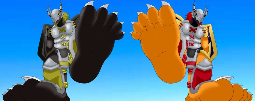 5_toes duo feet foot_focus humanoid_feet looming looming_foot low-angle_view macro male plantigrade soles stomping toes worm's-eye_view icarozilla bandai_namco digimon blackwargreymon digimon_(species) humanoid wargreymon absurd_res hi_res