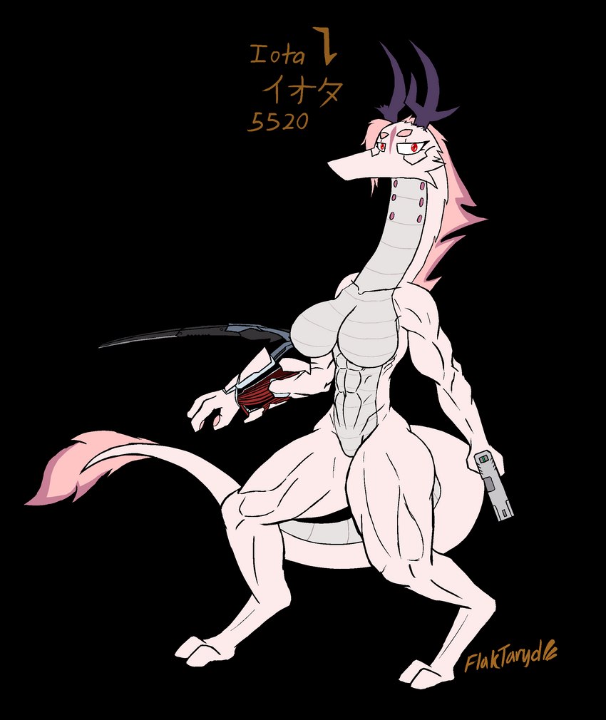 2_toes 3_fingers abs albino anthro antlers arm_blade big_breasts blade breasts cheek_tuft cybernetic_arm cybernetic_limb cybernetics cyberpunk cyberware digitigrade facial_tuft feet female female_anthro fingers fur gun hair handgun horn katakana long_body long_neck long_tail machine mantis_blades markings melee_weapon mouthless muscular muscular_female muscular_thighs non-mammal_breasts obliques pink_hair pistol prosthetic prosthetic_limb ranged_weapon red_eyes solo synthetic_muscles tail text toes tuft weapon wide_hips wrist_blade flaktaryd asian_mythology east_asian_mythology mythology iota_(flute_dragon) cyborg dragon eastern_dragon flute_dragon furred_dragon furred_scalie mythological_creature mythological_scalie scalie absurd_res aliasing alpha_channel digital_media_(artwork) hi_res japanese_text translated