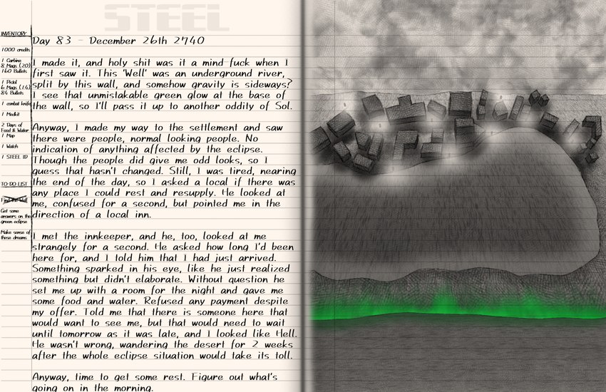 anomaly desert diary first_person_view inventory journal list low-angle_view paper post-apocalyptic profanity river science_fiction settlement survival text water from_the_archives dated english_text hi_res sketch story