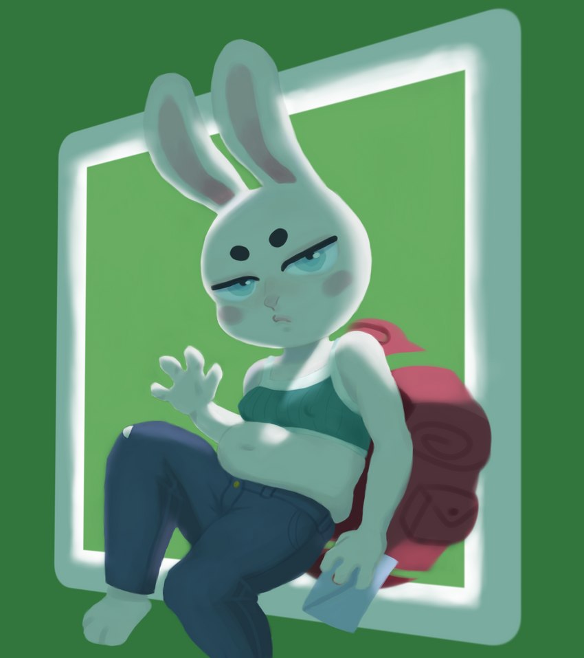 anthro backpack bottomwear clothing denim denim_bottomwear denim_clothing female fur gesture jeans letter navel pants paws sitting slightly_chubby solo stocky topwear waving white_body white_fur window moitasart lagomorph leporid mammal rabbit hi_res