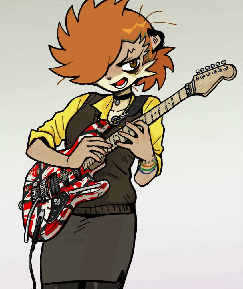 5_fingers anthro biped bottomwear breasts brown_eyes choker clothed clothed_anthro clothed_female clothing electric_guitar female female_anthro fingernails fingers frankenstrat fully_clothed fully_clothed_anthro fully_clothed_female fur gradient_background grey_background guitar hair hair_over_eye holding_guitar holding_musical_instrument holding_object humanoid_hands humbucker jewelry kemono multicolored_body multicolored_fur musical_instrument nails necklace one_eye_obstructed open_mouth orange_hair plucked_string_instrument shirt simple_background skirt solo spiky_hair string_instrument tan_body tan_fur teeth tongue topwear two_tone_body two_tone_fur vest white_background white_body white_fur shurueder fender_musical_instruments_corporation stratocaster choi_gi_da_(shurueder) eddie_van_halen felid mammal pantherine tiger 2021 digital_media_(artwork) hi_res portrait three-quarter_portrait