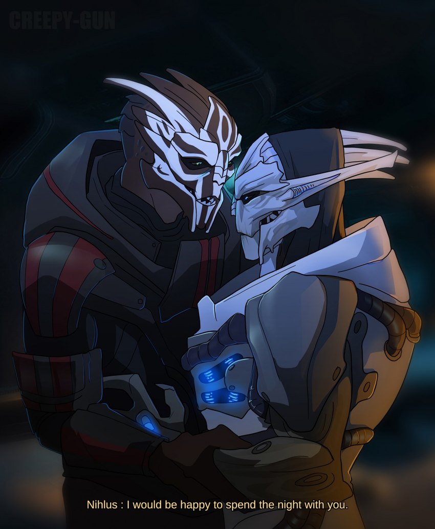 armor bodypaint cuddling cybernetic_arm cybernetic_limb dialogue duo eye_contact face_paint green_eyes intraspecies looking_at_another male male/male open_mouth standing teeth creepy_gun bioware electronic_arts mass_effect nihlus_kryik saren_arterius alien turian hi_res