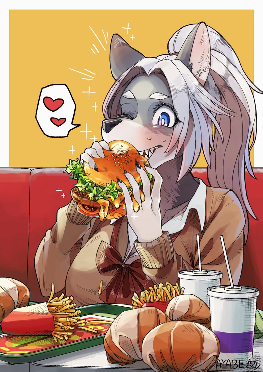 alternative_fashion anthro at_table big_breasts black_nose bow_tie breasts brown_clothing brown_sweater brown_topwear burger claws clothed clothing container cup drinking_straw eating eating_food eyelashes female female_anthro fingers food fries fur furniture grey_body grey_fur gyaru hair heart_symbol holding_burger holding_food holding_object j-fashion kemono kogal long_hair one_eye_closed open_mouth ponytail purple_eyes sharp_teeth shirt solo speech_bubble sweater table teeth topwear white_body white_fur white_hair ayabemiso okami_bark canid canine canis mammal wolf digital_media_(artwork) hi_res